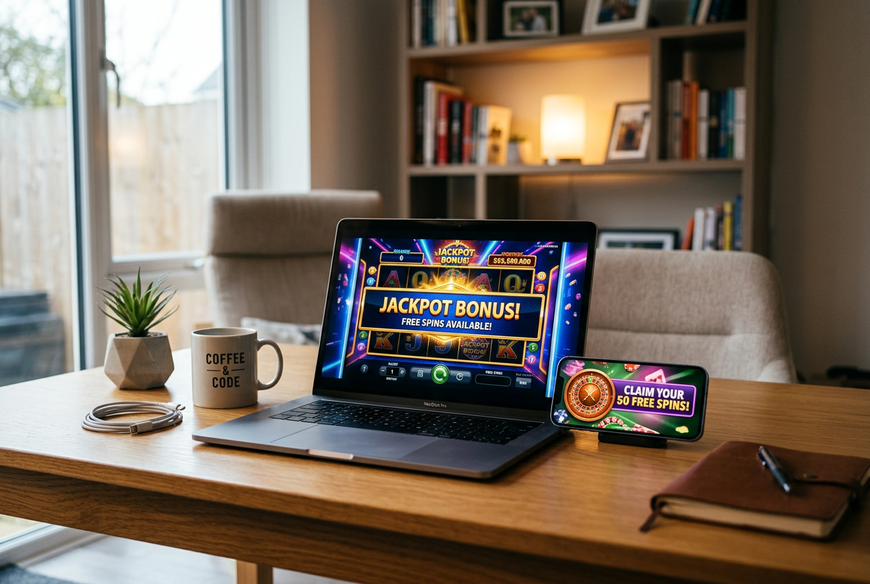 A smartphone and laptop displaying online casino bonuses and colorful slots.