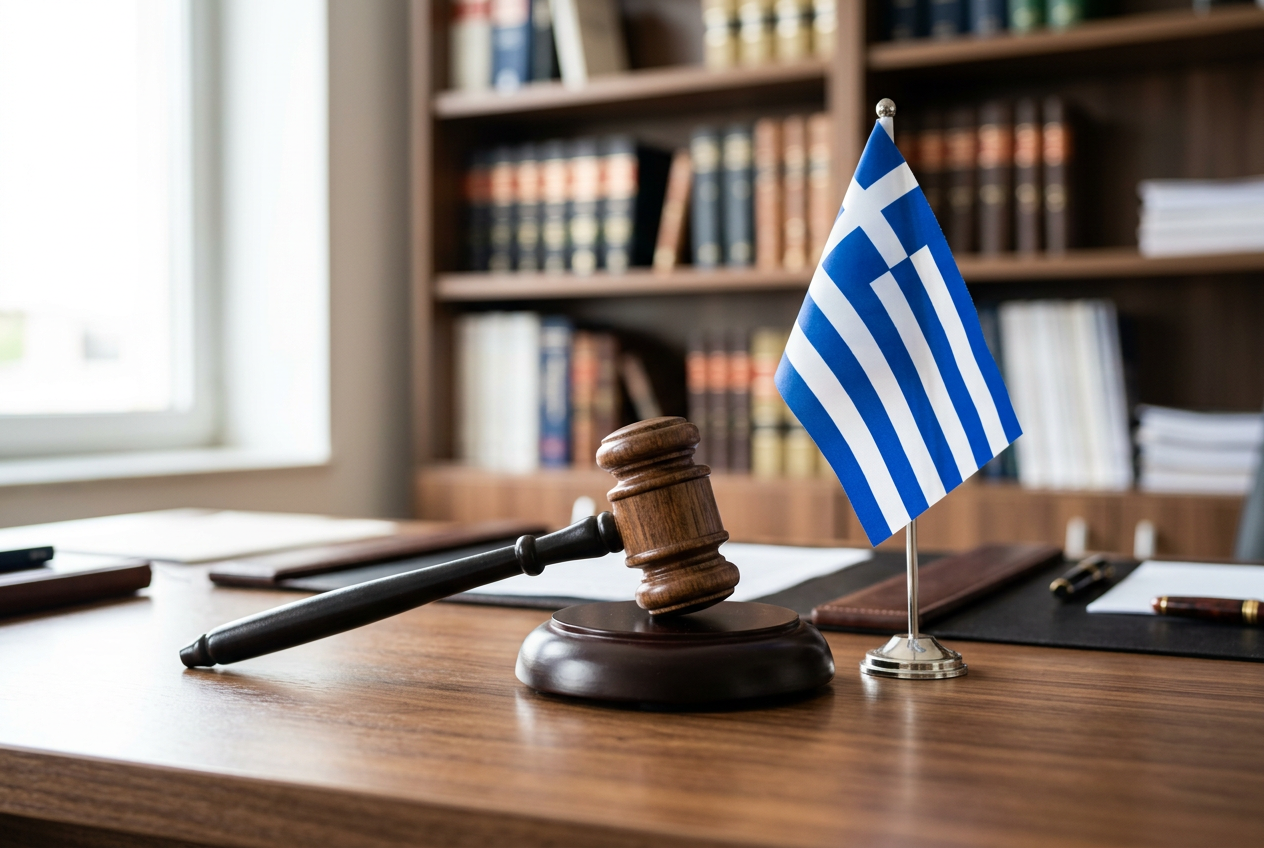 A wooden gavel and the Greek flag representing legal regulation.