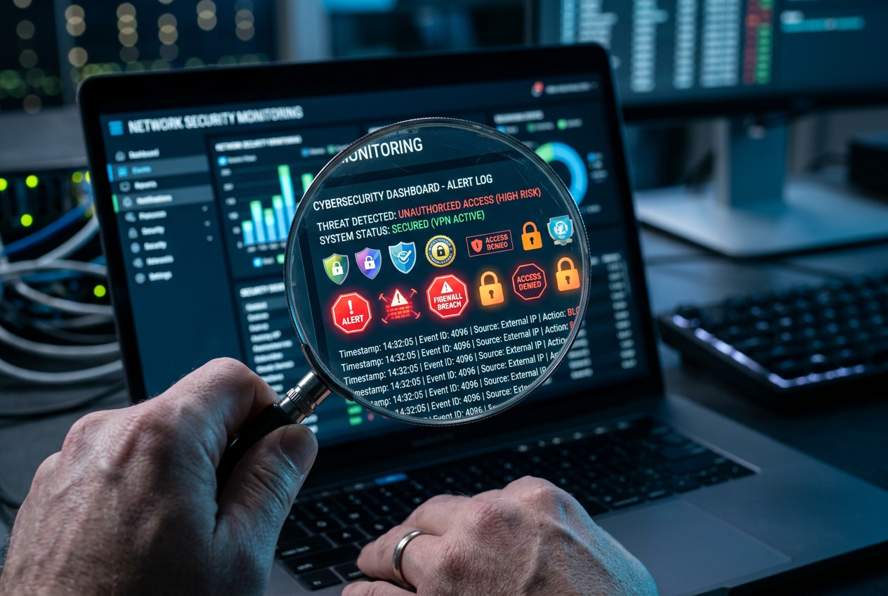 A magnifying glass over a digital security interface