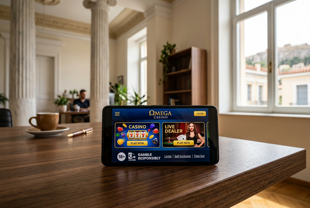 Secure online casino interface on a smartphone with Greek legal symbols.